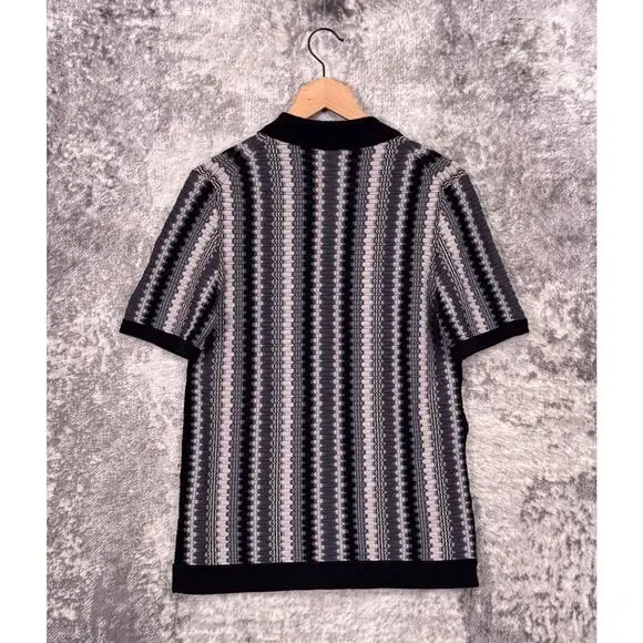 REISS Knit Shirt Small Mens Gibbon Chevron Cuban Camp Collar Resort Button Down - Picture 3 of 9